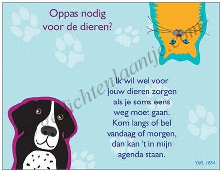 Gedichtkaart YML 1684: Oppas nodig voor de dieren?